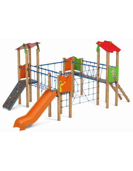 Villaggio con 4 torri (2 con tetto), struttura in legno termotrattato, scivolo in polietilene e arrampicata - cm 680x370x317h