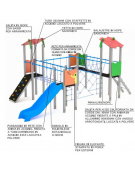 Villaggio con 4 torri (2 con tetto), struttura in legno termotrattato, scivolo in polietilene e arrampicata - cm 680x370x317h
