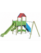Doppia torre con struttura in legno di pino nordico - 2 scivoli in polietilene rotazionale e altalena - cm 626x710x360h