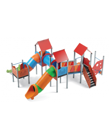 Maxi Villaggio attrezzato, 4 torri con pali in alluminio e 3 scivoli di cui 1 a tunnel - cm 857x684x360h
