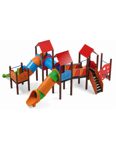 Maxi Villaggio attrezzato, 4 torri con pali in plastica riciclcata - 3 scivoli di cui 1 a tunnel - cm 857x684x360h