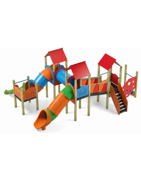 Maxi Villaggio attrezzato, 4 torri e 3 scivoli di cui 1 a tunnel - cm 857x684x360h