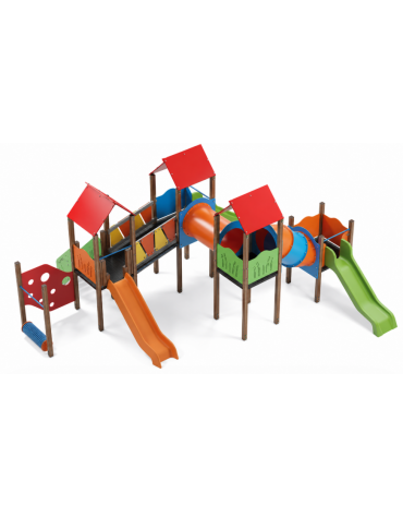 Maxi Villaggio attrezzato, 4 torri con pali in alluminio rifiniti in legno light - 3 scivoli in polietilene - cm 789x684x360h