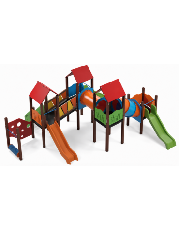 Maxi Villaggio attrezzato, 4 torri con pali in plastica riciclata - 3 scivoli in polietilene - cm 789x684x360h
