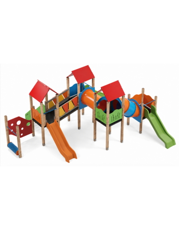 Maxi Villaggio attrezzato, 4 torri con pali in legno termotrattato - 3 scivoli in polietilene - cm 789x684x360h