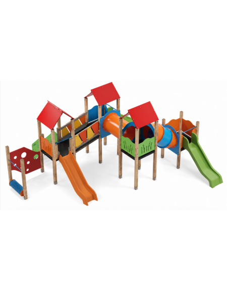 Maxi Villaggio attrezzato, 4 torri con pali in legno termotrattato - 3 scivoli in polietilene - cm 789x684x360h