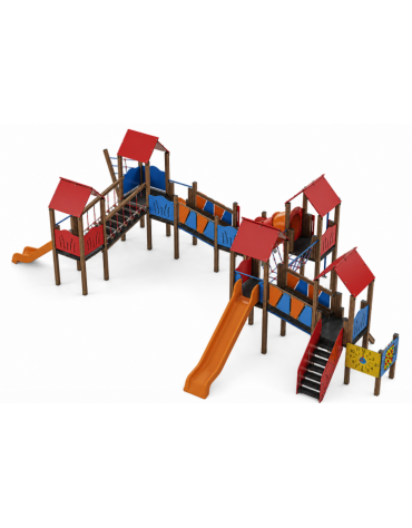 Maxi Villaggio attrezzato, 5 torri con pali in alluminio rifiniti in legno light - 3 scivoli in polietilene - cm 875x1275x360h