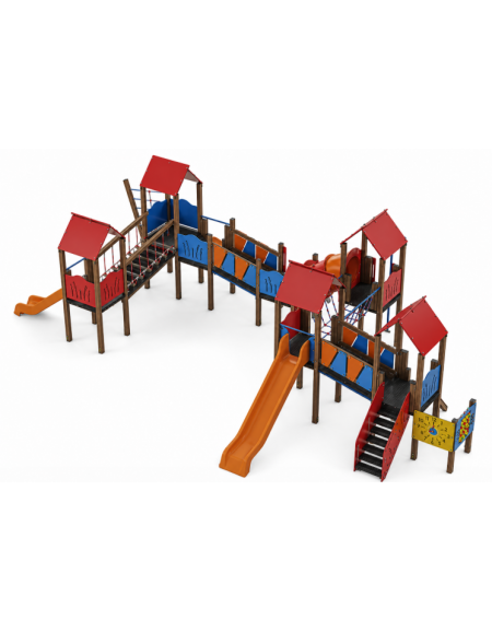Maxi Villaggio attrezzato, 5 torri con pali in alluminio rifiniti in legno light - 3 scivoli in polietilene - cm 875x1275x360h