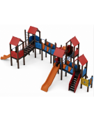 Maxi Villaggio attrezzato, 5 torri con pali in alluminio rifiniti in legno dark - 3 scivoli in polietilene - cm 875x1275x360h