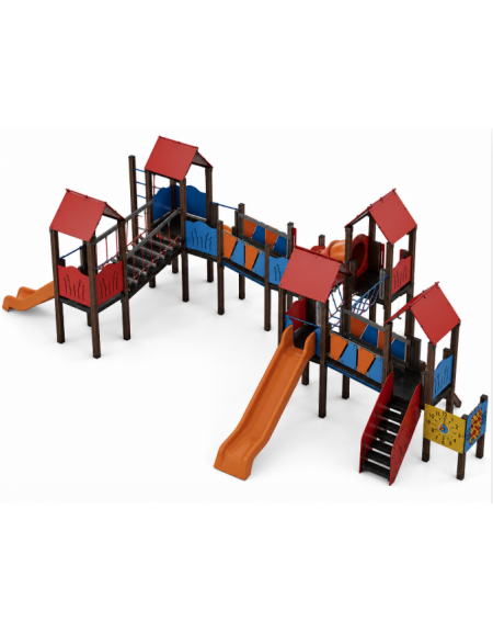 Maxi Villaggio attrezzato, 5 torri con pali in alluminio rifiniti in legno dark - 3 scivoli in polietilene - cm 875x1275x360h