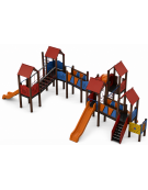 Maxi Villaggio attrezzato, 5 torri con pali in plastica riciclata - 3 scivoli in polietilene - cm 875x1275x360h