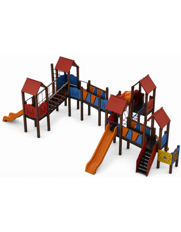 Maxi Villaggio attrezzato, 5 torri con pali in plastica riciclata - 3 scivoli in polietilene - cm 875x1275x360h