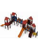 Maxi Villaggio attrezzato, 5 torri con pali in plastica riciclata - 3 scivoli in polietilene - cm 875x1275x360h