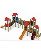 Maxi Villaggio attrezzato, 5 torri con pali in legno di pino - 3 scivoli in polietilene - cm 875x1275x360h