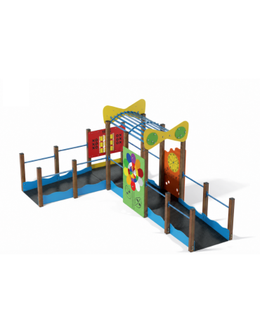 Percorso inclusivo galleria con struttura in alluminio rifinita in legno light - Pannelli decorativi in HDPE - cm 310x485x224h