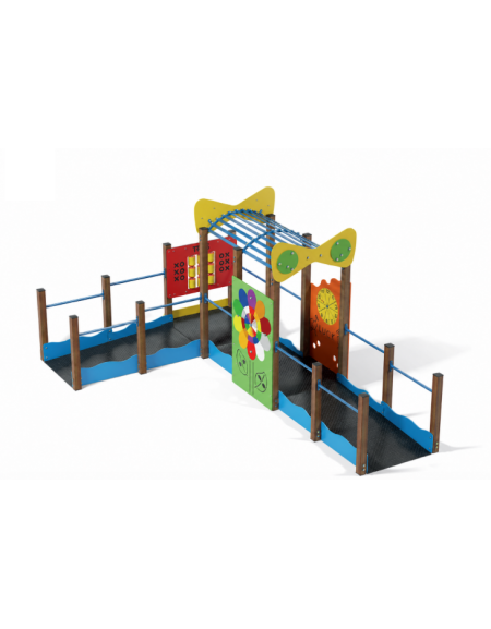 Percorso inclusivo galleria con struttura in alluminio rifinita in legno light - Pannelli decorativi in HDPE - cm 310x485x224h