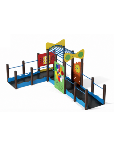 Percorso inclusivo galleria con struttura in alluminio rifinita in legno dark - Pannelli decorativi in HDPE - cm 310x485x224h