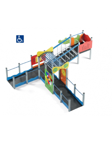 Percorso inclusivo con pali in alluminio - scivolo in polietilene rotazionale h 90 cm  - cm 623x692xh224