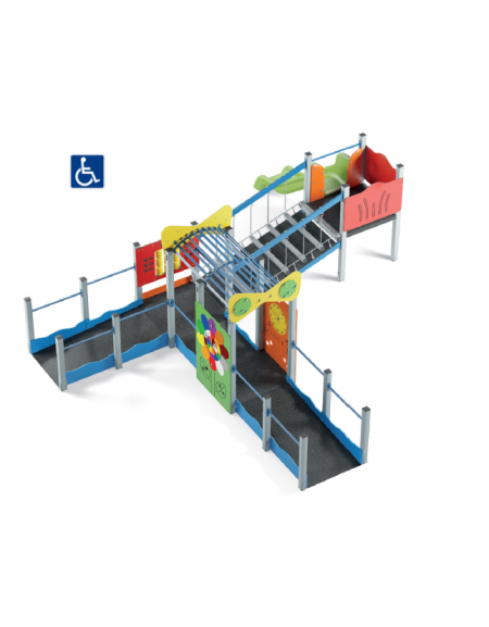 Percorso inclusivo con pali in alluminio - scivolo in polietilene rotazionale h 90 cm  - cm 623x692xh224