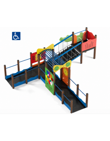 Percorso inclusivo con pali in alluminio rifiniti in legno light - scivolo in polietilene rotazionale h 90 cm - cm 623x692x224h