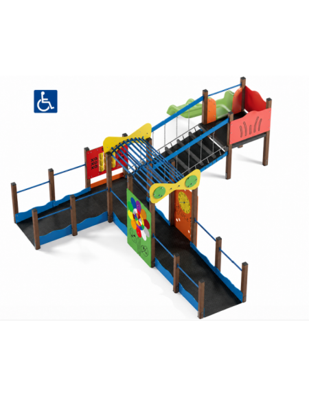 Percorso inclusivo con pali in alluminio rifiniti in legno light - scivolo in polietilene rotazionale h 90 cm - cm 623x692x224h