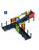 Percorso inclusivo con pali in alluminio rifiniti in legno dark - scivolo in polietilene rotazionale h 90 cm - cm 623x692x224h