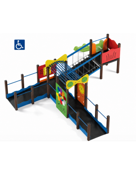 Percorso inclusivo con pali in alluminio rifiniti in legno dark - scivolo in polietilene rotazionale h 90 cm - cm 623x692x224h