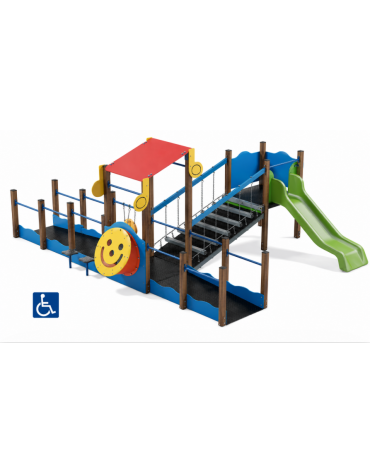 Percorso inclusivo con pali in alluminio rifiniti in legno light - scivolo in polietilene rotazionale h 90 cm - cm 485x610x247h