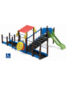 Percorso inclusivo con pali in alluminio rifiniti in legno dark - scivolo in polietilene rotazionale h 90 cm - cm 485x610x247h