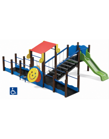 Percorso inclusivo con pali in alluminio rifiniti in legno dark - scivolo in polietilene rotazionale h 90 cm - cm 485x610x247h