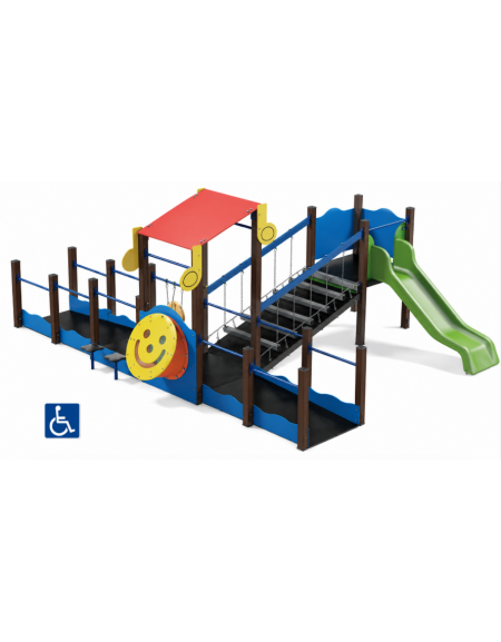 Percorso inclusivo con pali in alluminio rifiniti in legno dark - scivolo in polietilene rotazionale h 90 cm - cm 485x610x247h