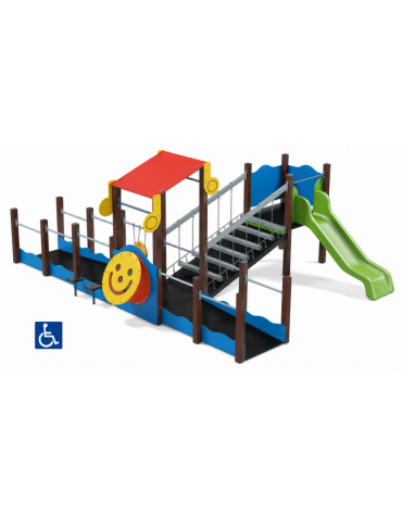 Percorso inclusivo con pali in plastica riciclata - scivolo in polietilene rotazionale h 90 cm - cm 485x610x247h