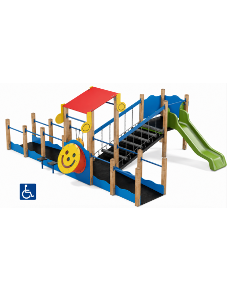 Percorso inclusivo con pali in legno termotrattato - scivolo in polietilene rotazionale h 90 cm - cm 485x610x247h