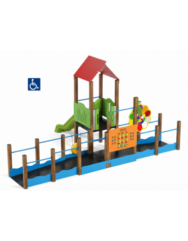 Mini villaggio attrezzato inclusivo con pali in alluminio rifiniti in legno light - scivolo in polietilene - cm 454x610x320h