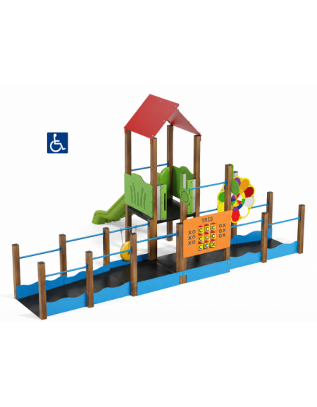 Mini villaggio attrezzato inclusivo con pali in alluminio rifiniti in legno light - scivolo in polietilene - cm 454x610x320h