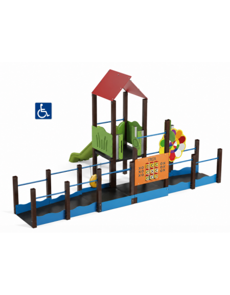 Mini villaggio attrezzato inclusivo con pali in alluminio rifiniti in legno dark - scivolo in polietilene - cm 454x610x320h