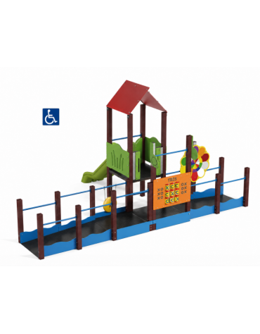 Mini villaggio attrezzato inclusivo con pali in plastica riciclata - scivolo in polietilene - cm 454x610x320h