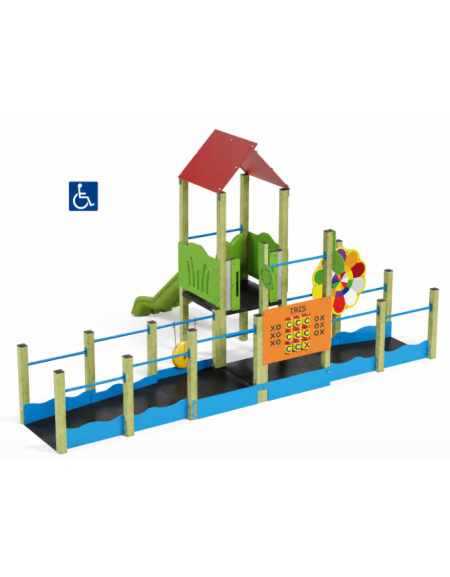 Mini villaggio attrezzato inclusivo con pali in legno di pino - scivolo in polietilene - cm 454x610x320h