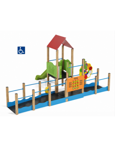 Mini villaggio attrezzato inclusivo con pali in legno termotrattato - scivolo in polietilene - cm 454x610x320h