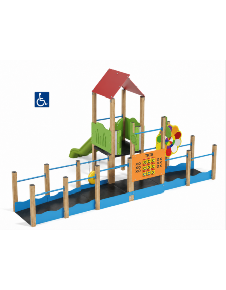Mini villaggio attrezzato inclusivo con pali in legno termotrattato - scivolo in polietilene - cm 454x610x320h