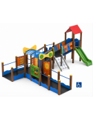 Baby Villaggio inclusivo con pali in alluminio rifiniti in legno light - 2 scivoli in polietilene rotazionale - cm 693x880x334h