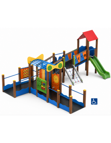 Baby Villaggio inclusivo con pali in alluminio rifiniti in legno light - 2 scivoli in polietilene rotazionale - cm 693x880x334h