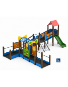 Baby Villaggio inclusivo con pali in alluminio rifiniti in legno dark - 2 scivoli in polietilene rotazionale - cm 693x880x334h