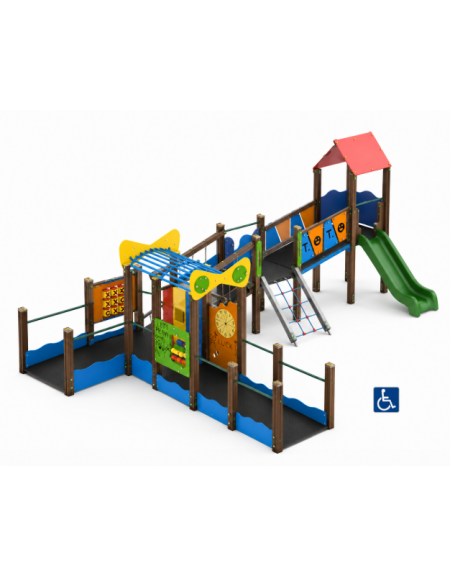 Baby Villaggio inclusivo con pali in alluminio rifiniti in legno dark - 2 scivoli in polietilene rotazionale - cm 693x880x334h