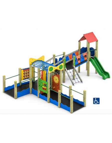Baby Villaggio inclusivo con pali di legno di pino - 2 scivoli in polietilene rotazionale - cm 693x880x334h