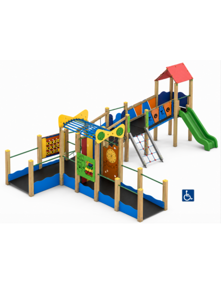 Baby Villaggio inclusivo con pali in legno termotrattato - 2 scivoli in polietilene rotazionale - cm 693x880x334h
