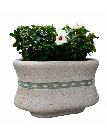 Fioriera ovale in cemento calcestruzzo colore Grigio Travertino - con greca decorativa - cm 130x60x65h - Conforme ai CAM