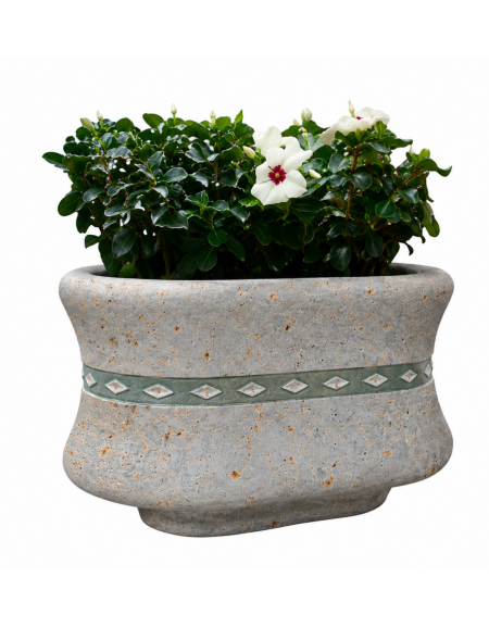 Fioriera ovale in cemento calcestruzzo colore Grigio Travertino - con greca decorativa - cm 130x60x65h - Conforme ai CAM