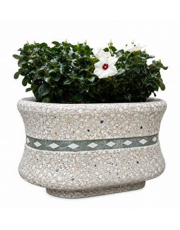 Fioriera ovale in cemento calcestruzzo colore Grigio sabbiato - con greca decorativa - cm 130x60x65h - Conforme ai CAM