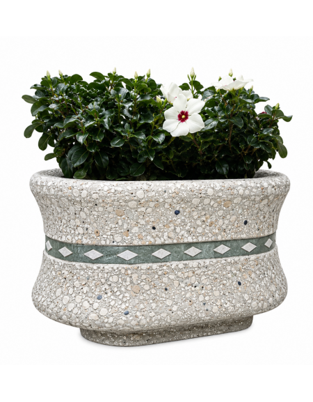 Fioriera ovale in cemento calcestruzzo colore Grigio sabbiato - con greca decorativa - cm 130x60x65h - Conforme ai CAM